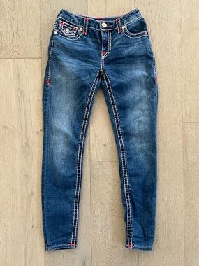 True Religion y2k Jennie Curvy MidRise Jeans w/ Contrast Pink & Red Stitching 25